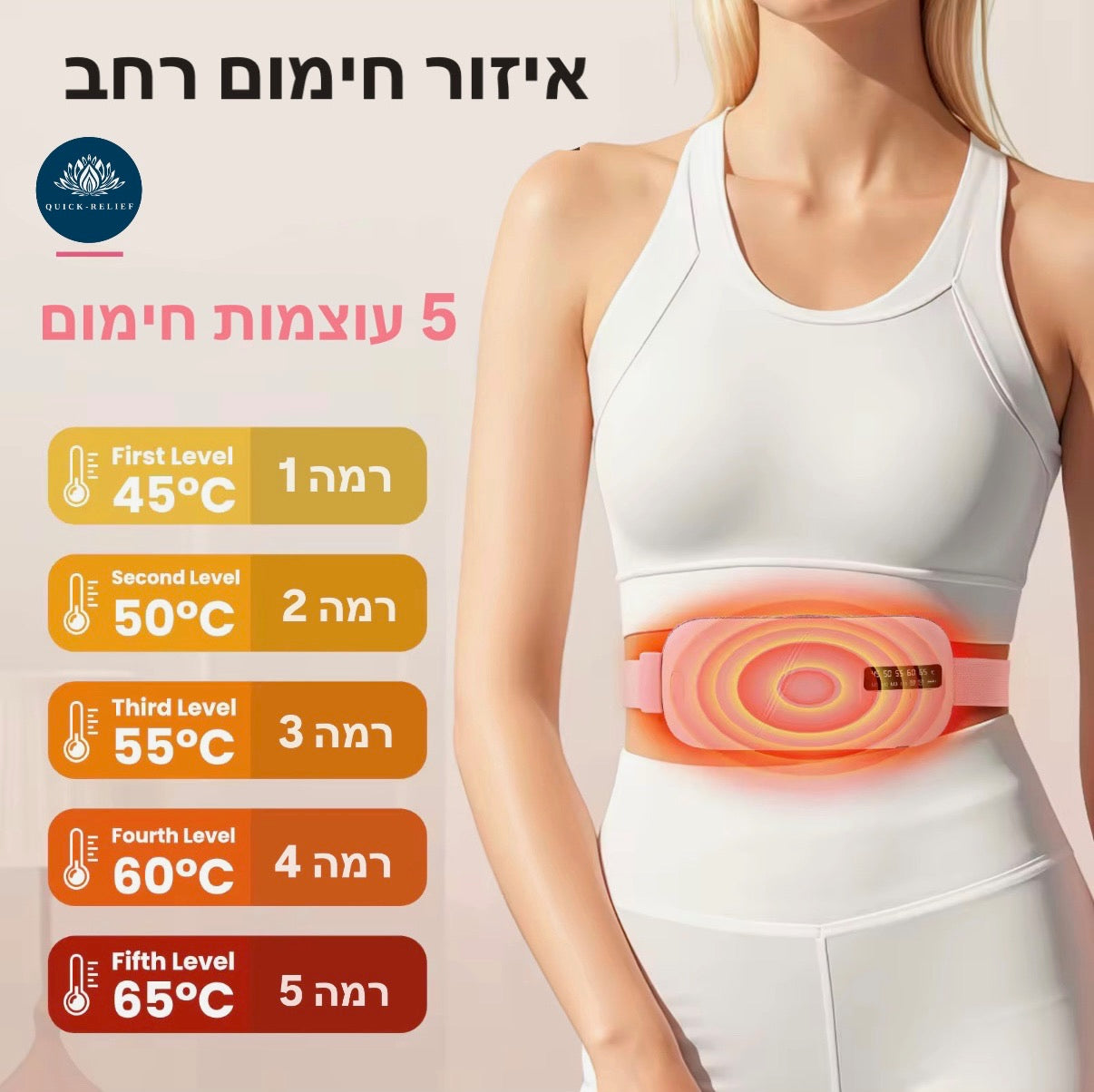 חמש עוצמות החימום של החגורה- 45 עד 65 מעלות
