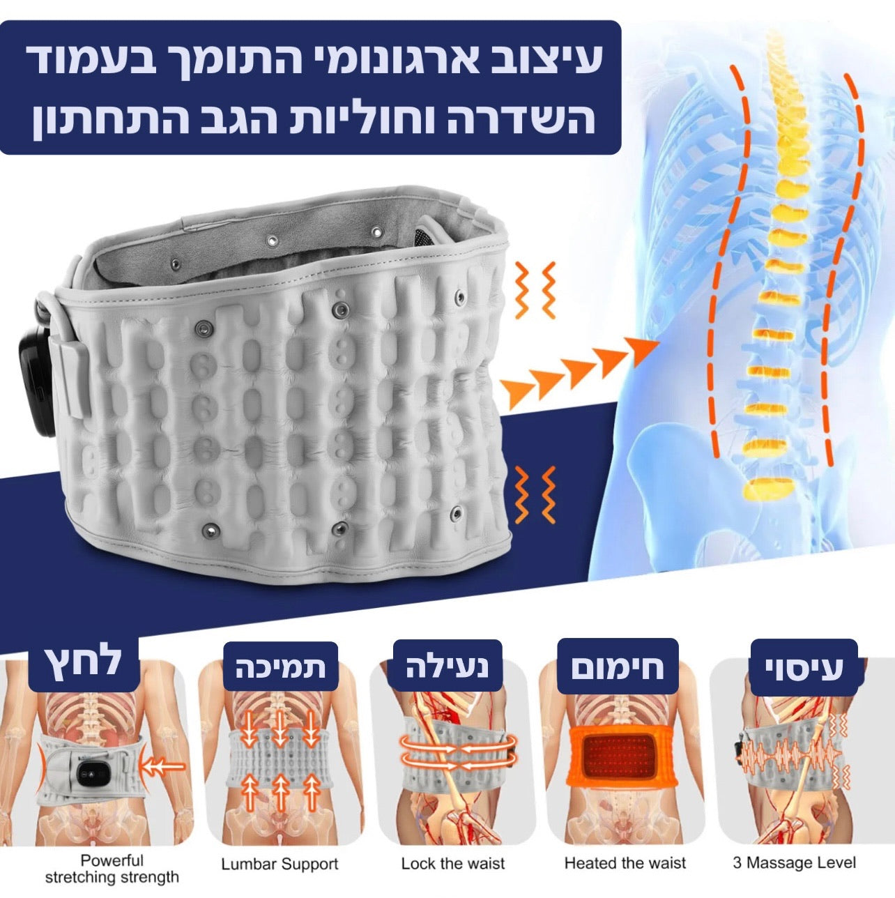 תמונת הסבר, עיצוב ארגונומי בחגורה לכאבי גב תחתון בעזרת פונקציות עיסוי , חימום , ולחץ אויר