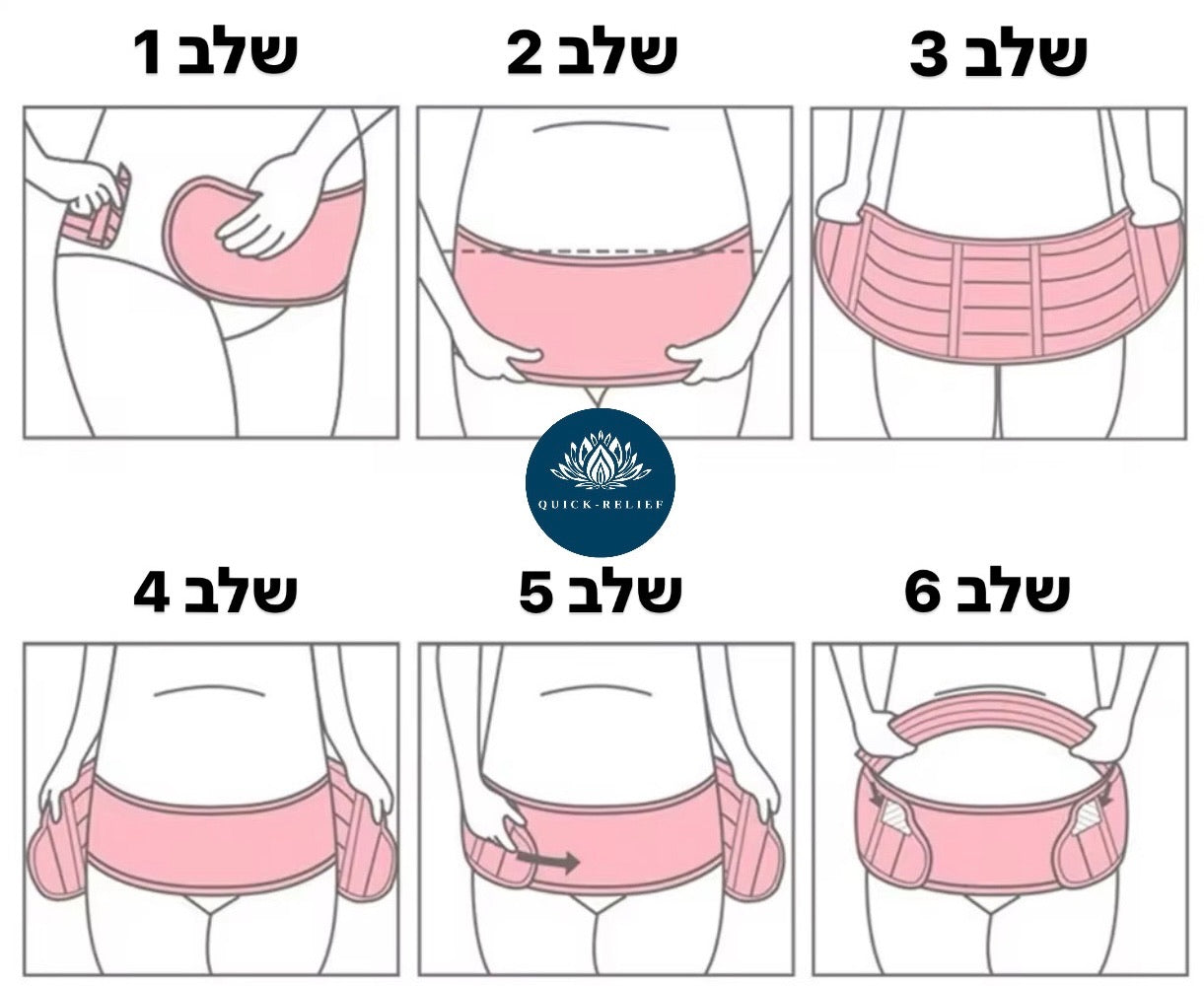 תמונת שלבים איך לשים חגורת גב להריון להפחתת משקל הבטן , ומניעת כאבי גב תחתון בהריון