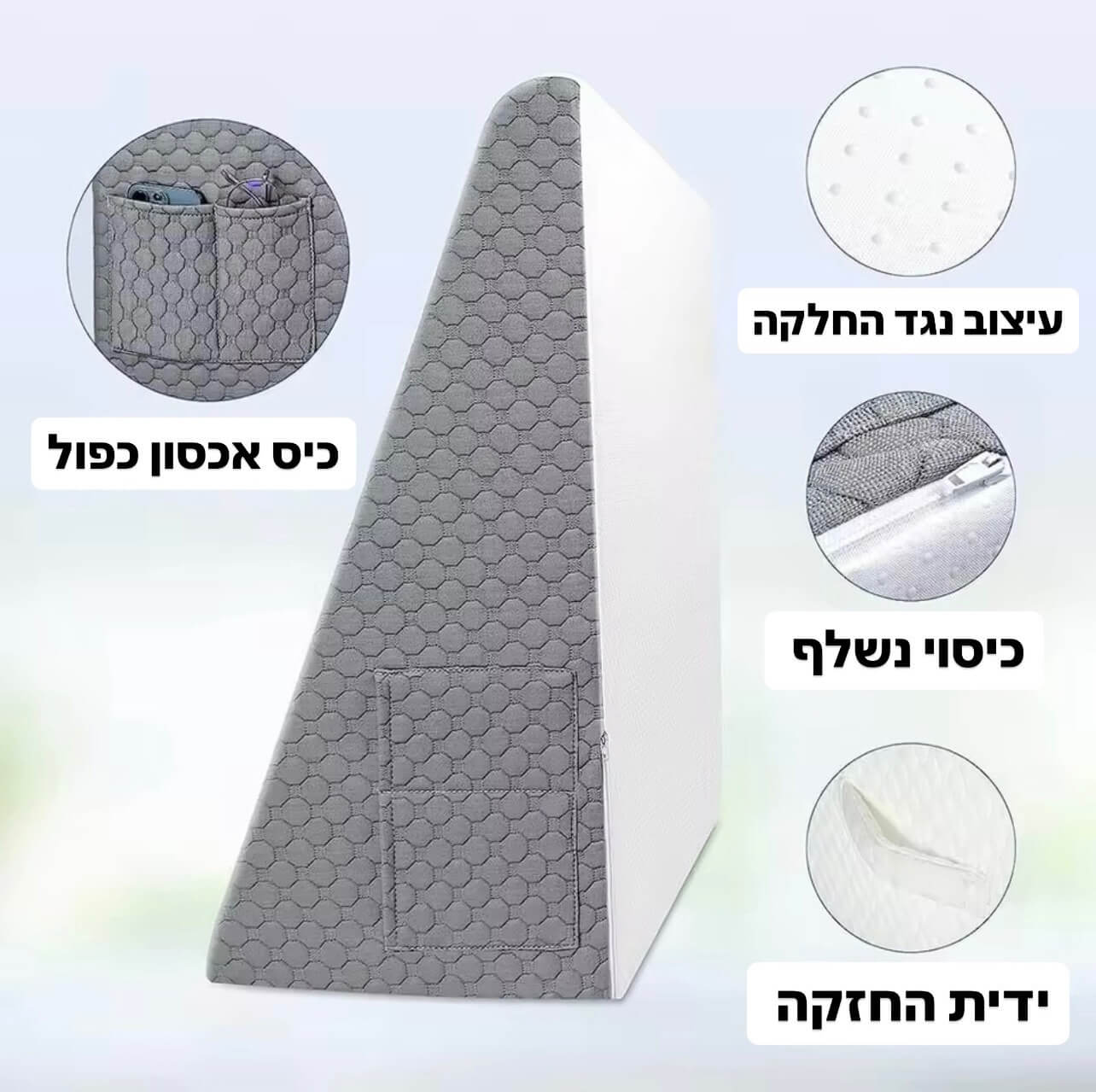 כיסוי נשלף, ידית החזקה , כיס אכסון , עיצוב נגד החלקה