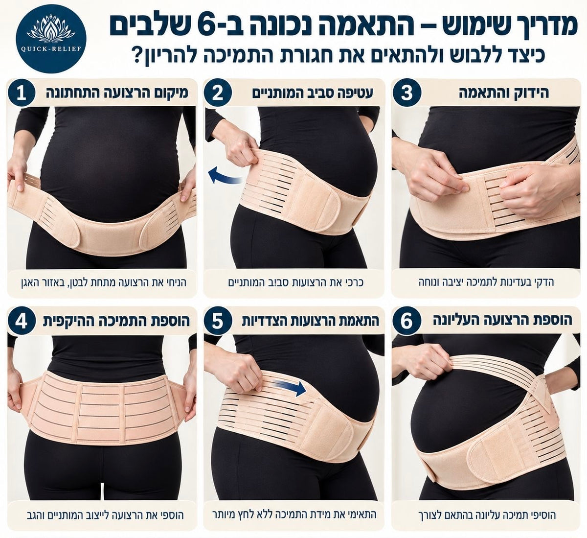 מדריך לבישת חגורת תמיכה להריון Quick Relief בבז׳ בשישה שלבים: מיקום מתחת לבטן, כריכה סביב המותניים, הידוק, הוספת תמיכת גב והתאמת הרצועות הצדדיות והעליונה.