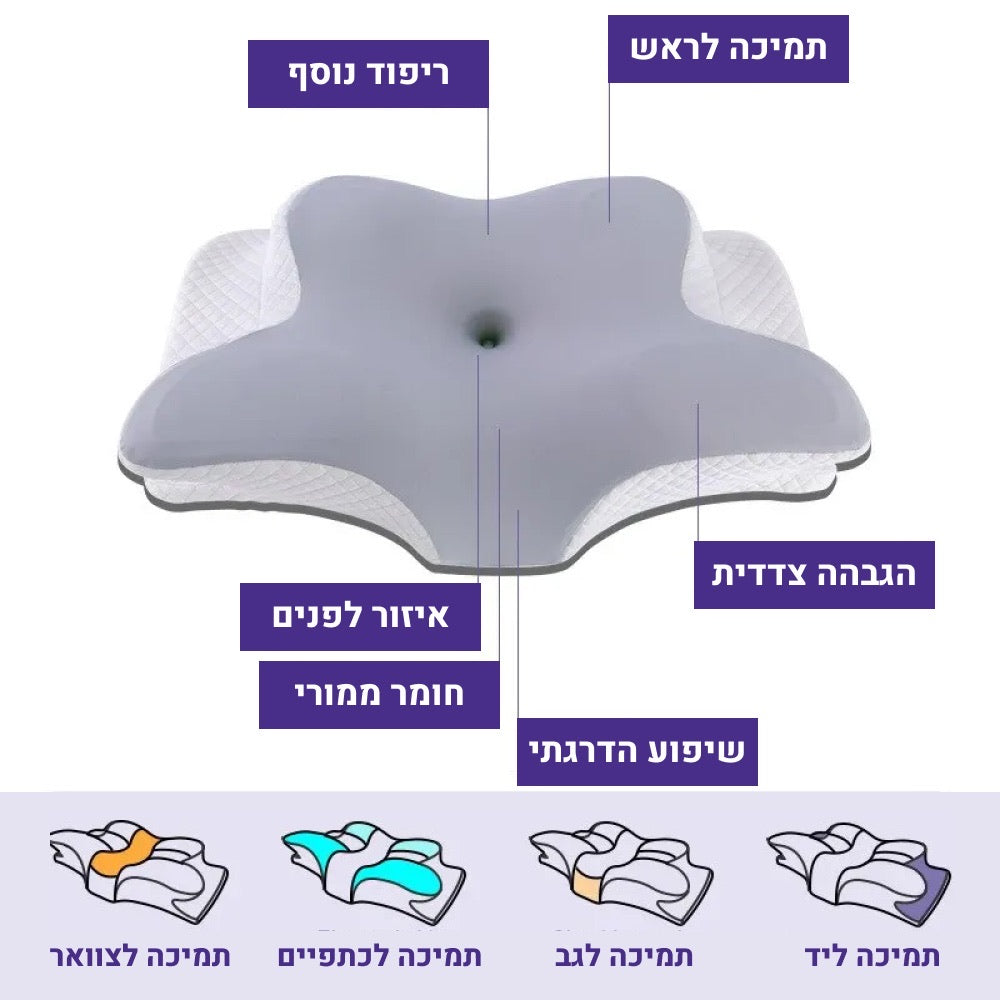 מבנה הכרית ופירוט הקימורים והתמיכה בכל חלקי הגב והצוואר