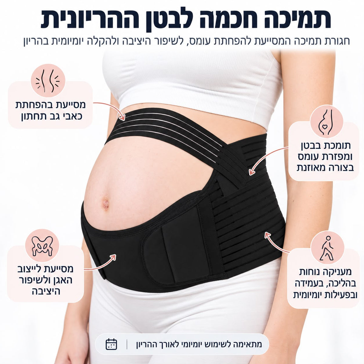חגורת תמיכה לבטן בהריון בצבע שחור של Quick Relief, מודגמת עם רצועות מעל ומתחת לבטן, לצד הסבר על תמיכה באגן, הפחתת כאבי גב תחתון ונוחות בהליכה ובעמידה.