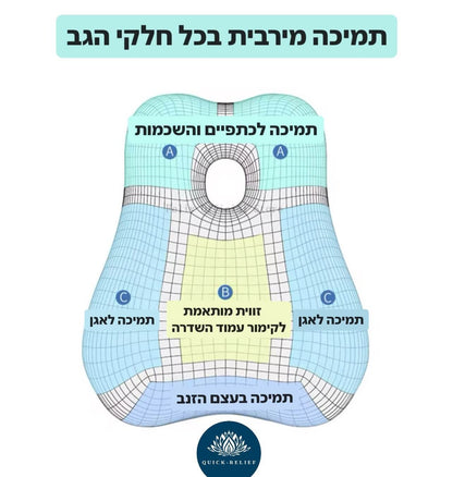 תמיכה מירבית לכל חלקי הגב והאגן. זוויות התומכות בגב העליון, התחתון ,והאגן