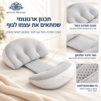כרית תמיכה להריון של Quick Relief עם שתי כריות אנטומיות לתמיכה בבטן ובגב, גשר חיבור מתכוונן להתאמת המרחק ביניהן ובד נושם ונעים למגע, המוצגים בתקריבים.