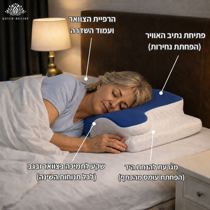 יתרונות הכרית: פתיחת נתיב אוויר, הרפיית עמוד השדרה, מגרעת להנחת היד, שקע לתמיכה בצוואר