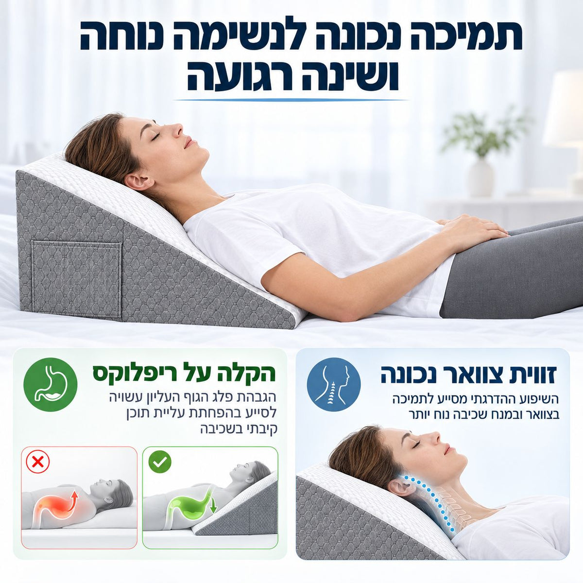 אישה שוכבת על כרית טריז של Quick Relief – כרית הגבהה לראש ולגב, עם המחשה של תמיכה בצוואר והגבהת פלג הגוף העליון להקלה על ריפלוקס בשכיבה.