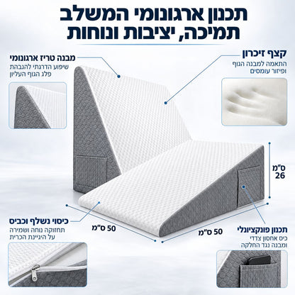 כרית טריז של Quick Relief להגבהת פלג הגוף העליון, לשימוש ככרית לריפלוקס – גרפיקת מבנה ומידות 50×50×26 ס״מ, קצף זיכרון, כיסוי נשלף וכביס וכיס צדדי.