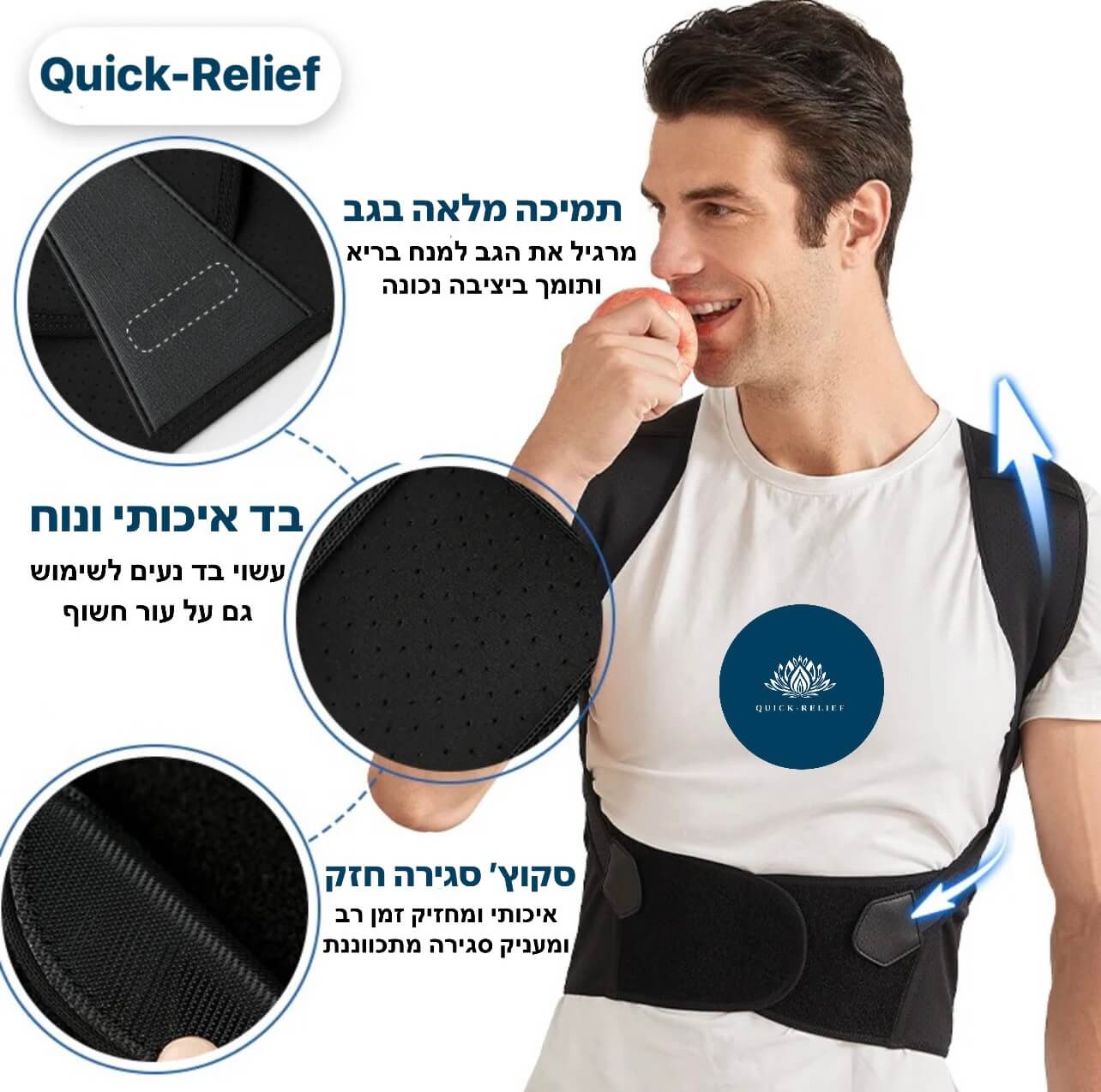 תמונת יתרונות למוצר - חגורת גב המסגלת עמידה זקופה ומשפרת יציבה, תיקון עקמת