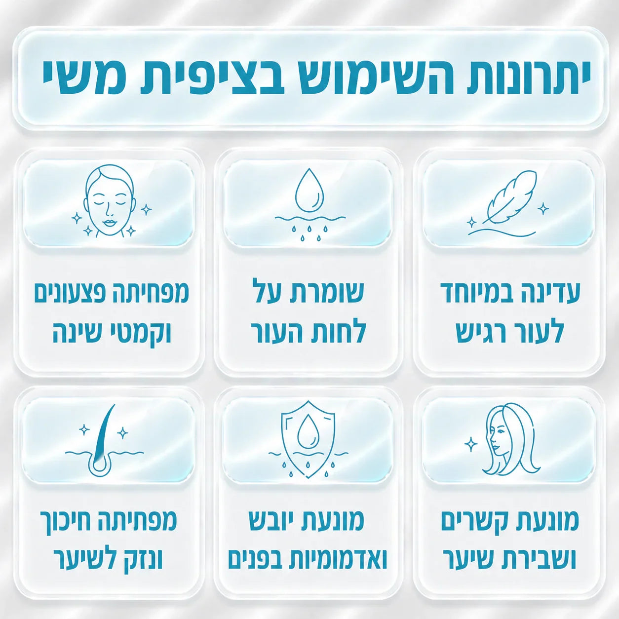 יתרונות שימוש בציפית משי: מפחיתה פצעונים וקמטי שינה
שומרת על לחות העור
עדינה במיוחד לעור רגיש
מפחיתה חיכוך ונזק לשיער
מונעת יובש ואדמומיות בפנים
מונעת קשרים ושבירת שיער