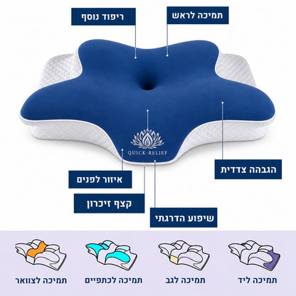 מבנה הכרית האורטופדית - קימורים אנטומיים לתמיכה בעמוד השדרה הצווארי והפחתת נחירות
