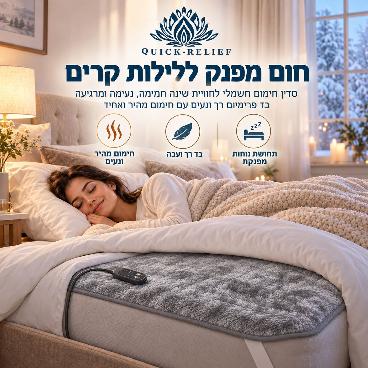 סדין חימום חשמלי אפור של Quick Relief עם שלט חוטי, פרוש על מיטה לצד אישה ישנה – בד רך ועבה וחימום מהיר ואחיד לחמימות נעימה בלילות קרים.