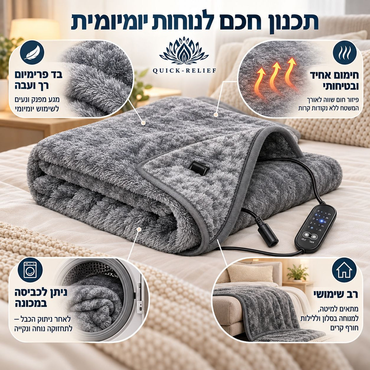 סדין חימום חשמלי אפור של Quick Relief, מקופל עם בקר שליטה וכבל ניתק, לצד תקריב הבד הרך והעבה והמחשת פיזור חום אחיד וכביסה במכונה לאחר ניתוק הכבל.