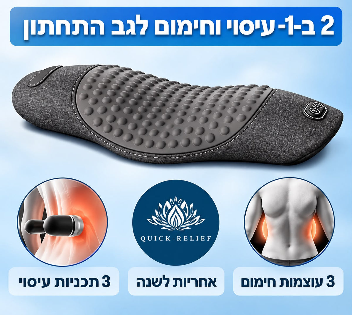כרית חימום ועיסוי לגב התחתון של Quick Relief להרפיית שרירים תפוסים ולהקלה על מתח בגב, עם תמיכה מעוגלת, 3 תוכניות עיסוי ו־3 עוצמות חימום.