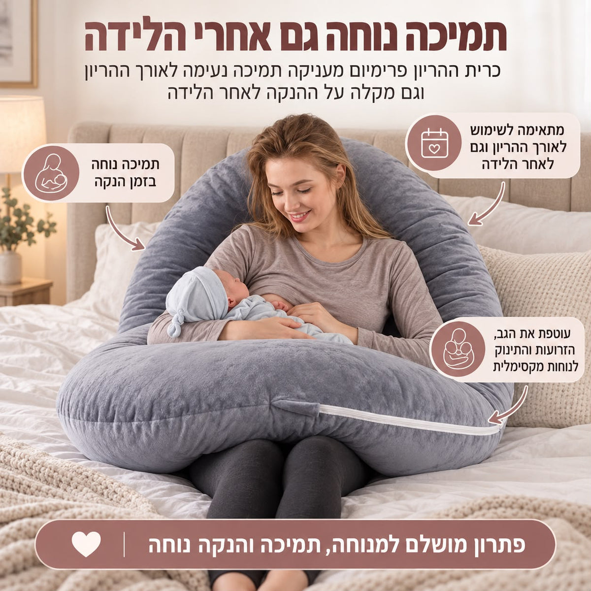כרית הריון פרימיום אפורה של Quick Relief מודגמת בזמן הנקה במיטה, כשהיא מקיפה את האם ותומכת בגב ובזרועות, לנוחות לאורך ההריון וגם לאחר הלידה.