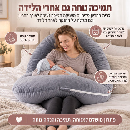 כרית הריון פרימיום אפורה של Quick Relief מודגמת בזמן הנקה במיטה, כשהיא מקיפה את האם ותומכת בגב ובזרועות, לנוחות לאורך ההריון וגם לאחר הלידה.