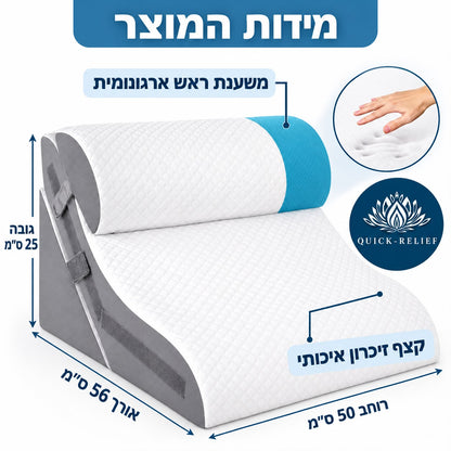 כרית משענת גב בת שלושה חלקים של Quick Relief מקצף זיכרון, עם משענת ראש ארגונומית וכיסוי לבן ואפור. מידות: אורך 56 ס״מ, רוחב 50 ס״מ וגובה 25 ס״מ.