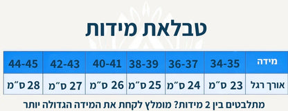 טבלאת מידות כפכפי ענן