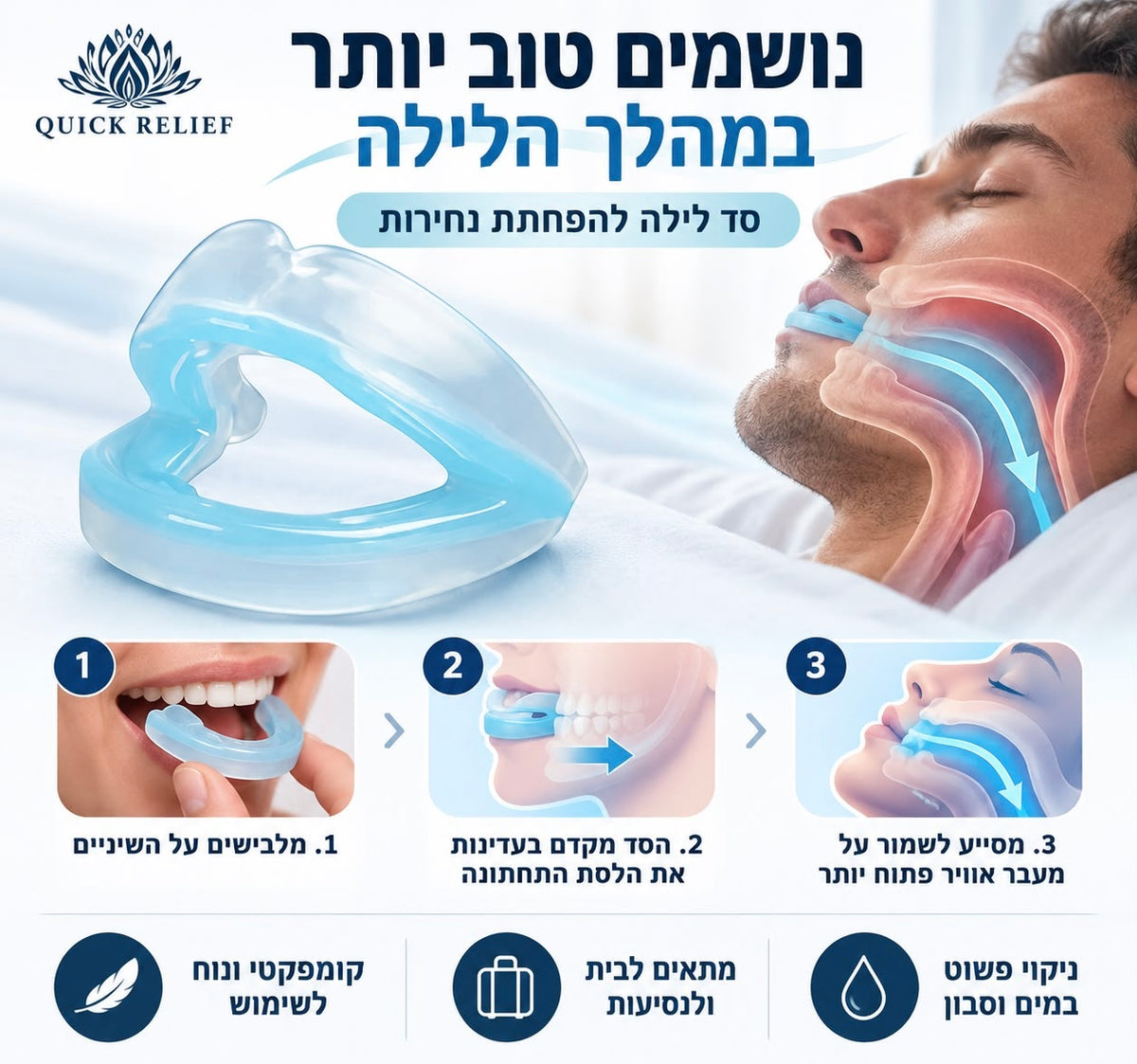 אינפוגרפיקה של Quick Relief מציגה סד לילה להפחתת נחירות, לצד אדם שישן עם הסד והמחשה של מעבר האוויר. שלבי השימוש: מלבישים את הסד על השיניים, והוא מקדם בעדינות את הלסת התחתונה כדי לסייע לשמור על מעבר אוויר פתוח יותר. הגרפיקה מציינת שהסד קומפקטי, נוח לשימוש, מתאים לבית ולנסיעות וקל לניקוי במים ובסבון.