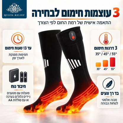 גרביים מחממות חשמליות של Quick Relief עם 3 דרגות חום לבחירה: 35°, 45° ו־55°, ועד 13 שעות חימום. בתמונה מוצגים הבקר שעל הגרביים, גופי החימום באזור כפות הרגליים ואפשרויות הפעלה באמצעות מטען נייד או סוללות AA.