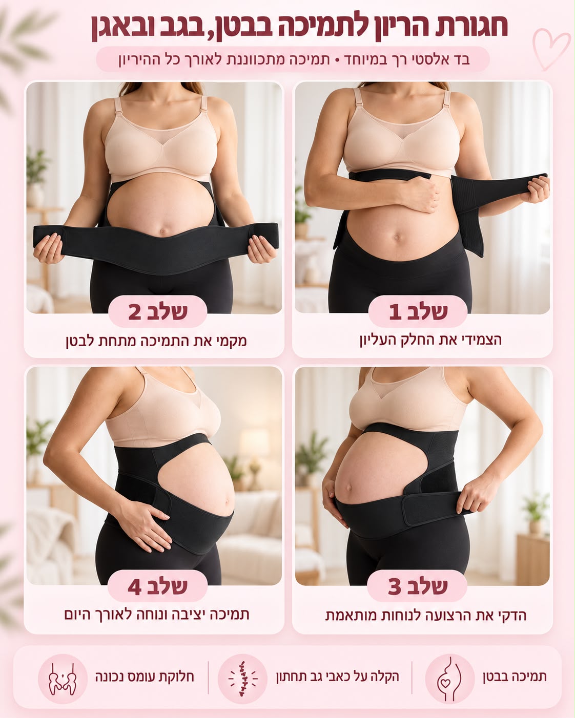 מדריך לבישת חגורת הריון שחורה של Quick Relief בארבעה שלבים: הצמדת החלק העליון, מיקום התמיכה מתחת לבטן והידוק הרצועה להתאמה אישית, לתמיכה בבטן, בגב ובאגן.